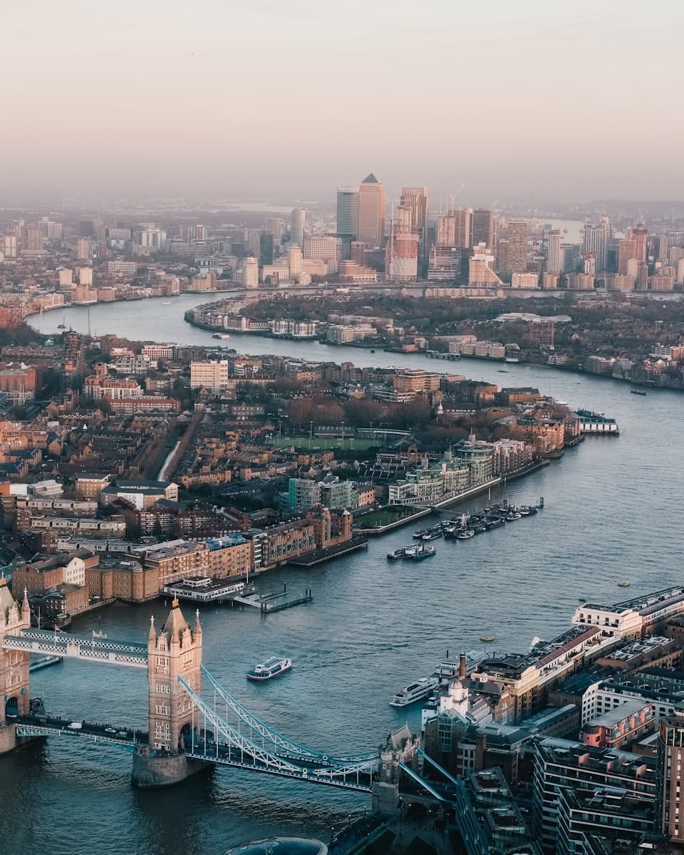 The London skyline with Canary Wharf and the Thames