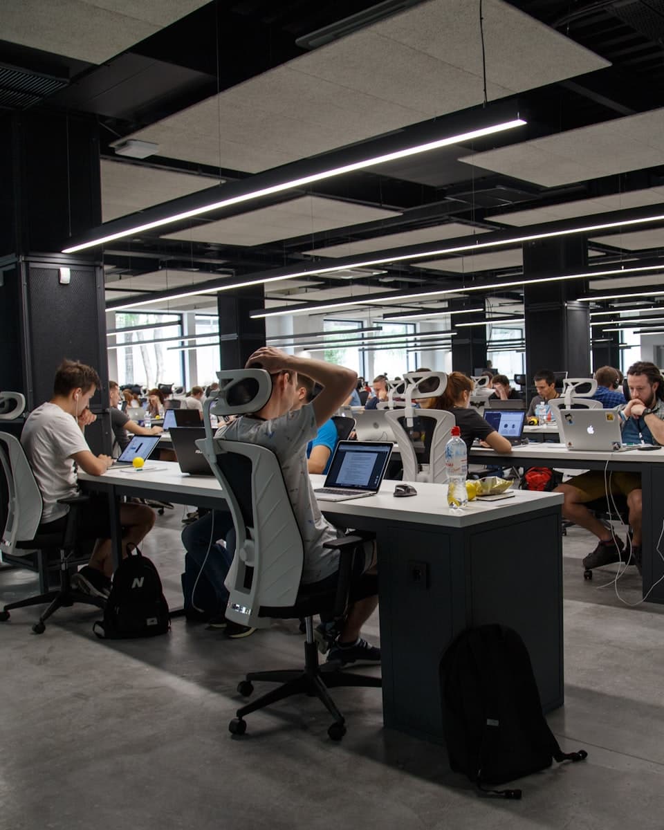 An open-plan office floor seen from above